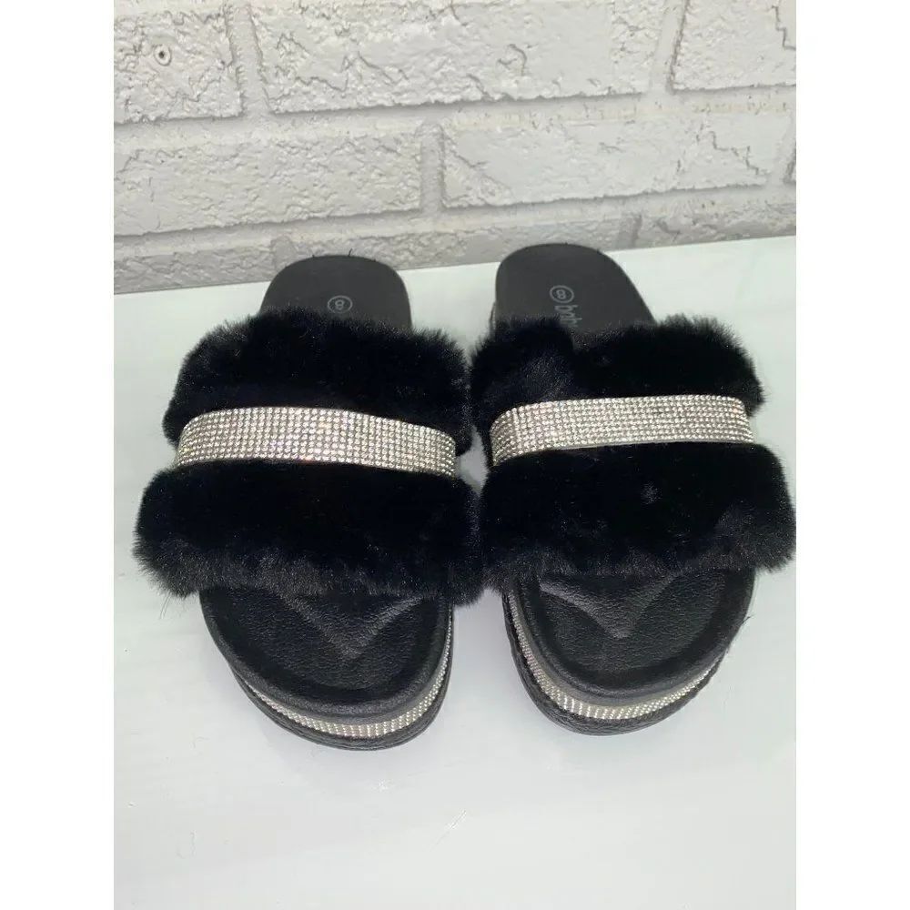 Babe Black & Rhinestone Platform Faux Fur Slides Size 8